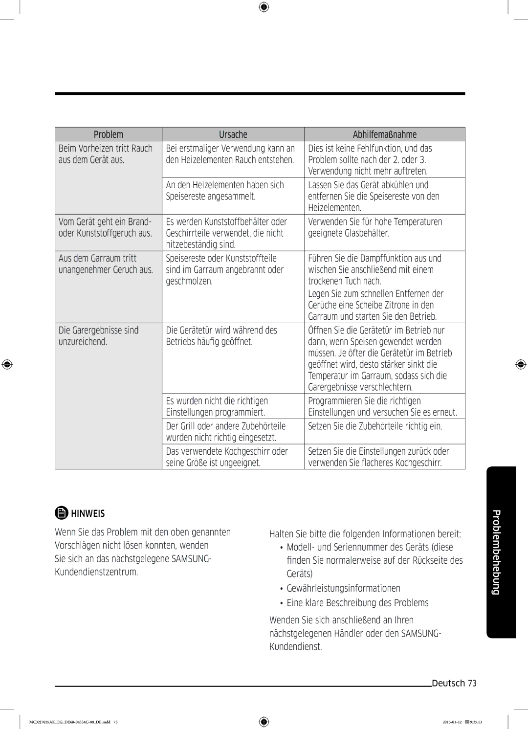 Samsung MC32J7035AS/EG manual Aus dem Gerät aus, Verwenden Sie für hohe Temperaturen, Gerüche eine Scheibe Zitrone in den 