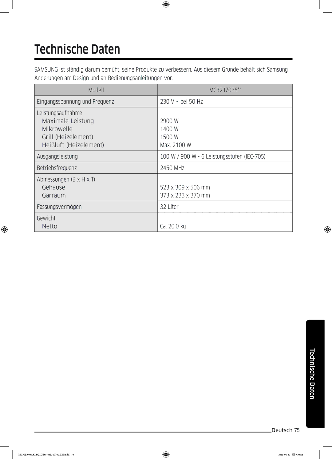 Samsung MC32J7035AS/EG manual Technische Daten 