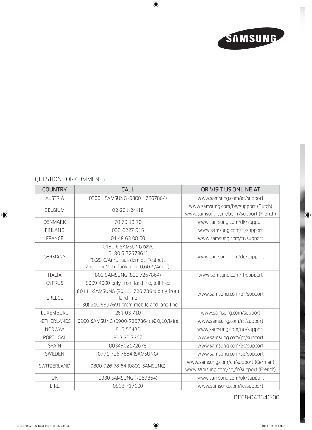 Samsung MC32J7035AS/EG manual Questions or Comments Country Call Or Visit US Online AT 