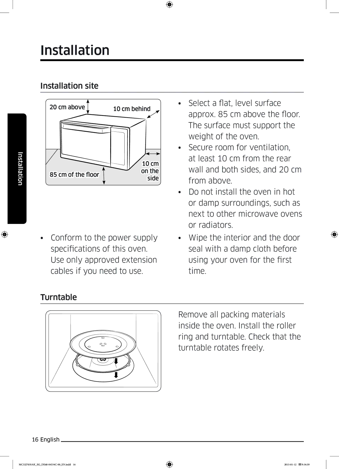 Samsung MC32J7035AS/EG manual Installation site 