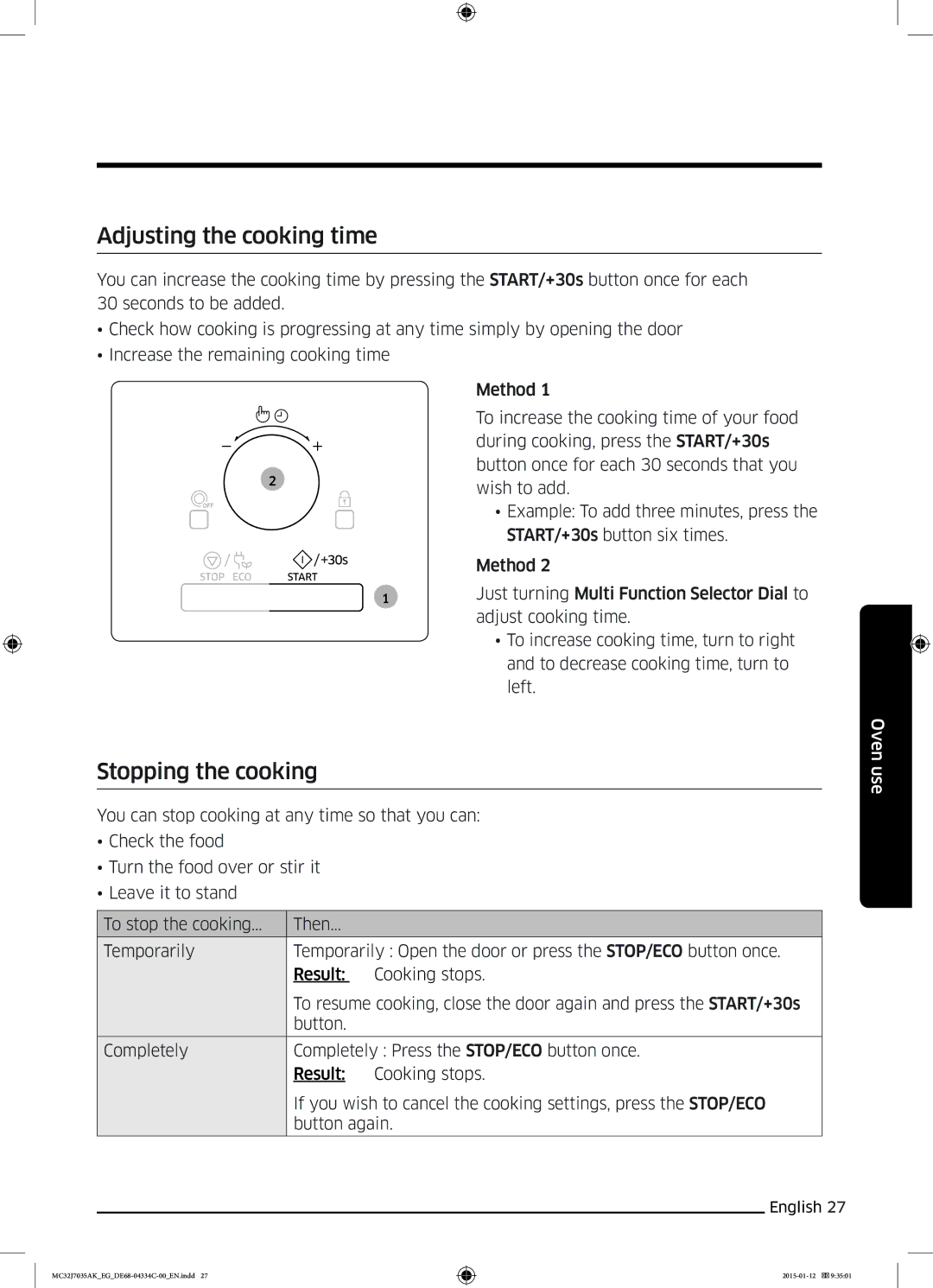 Samsung MC32J7035AS/EG manual Adjusting the cooking time, Stopping the cooking 