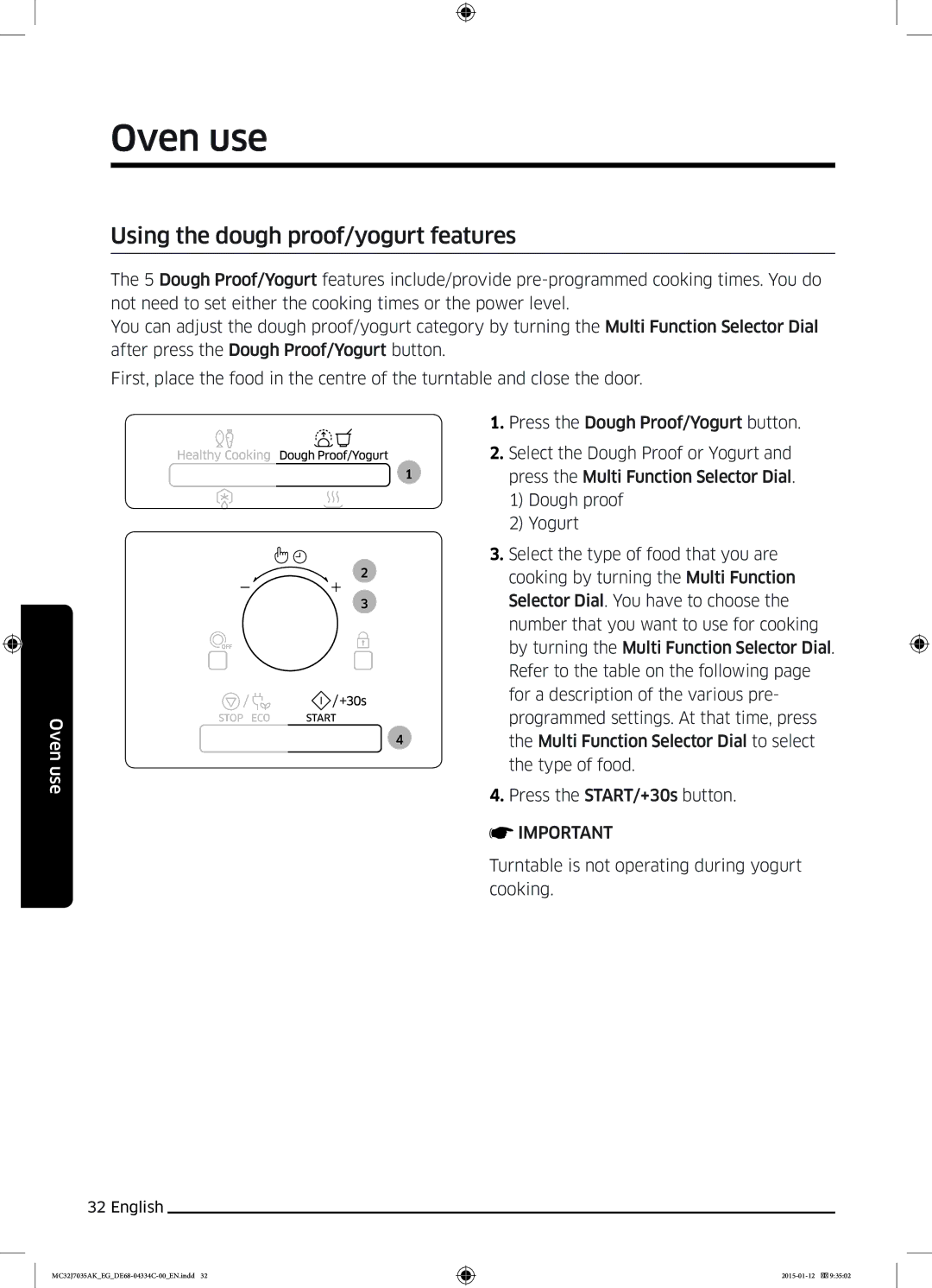 Samsung MC32J7035AS/EG manual Using the dough proof/yogurt features 