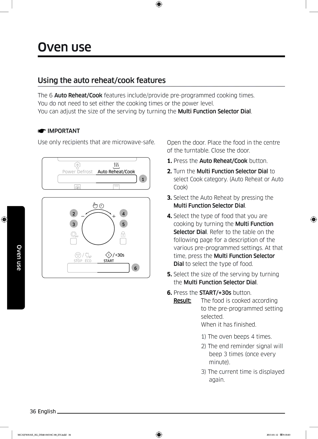 Samsung MC32J7035AS/EG manual Using the auto reheat/cook features 