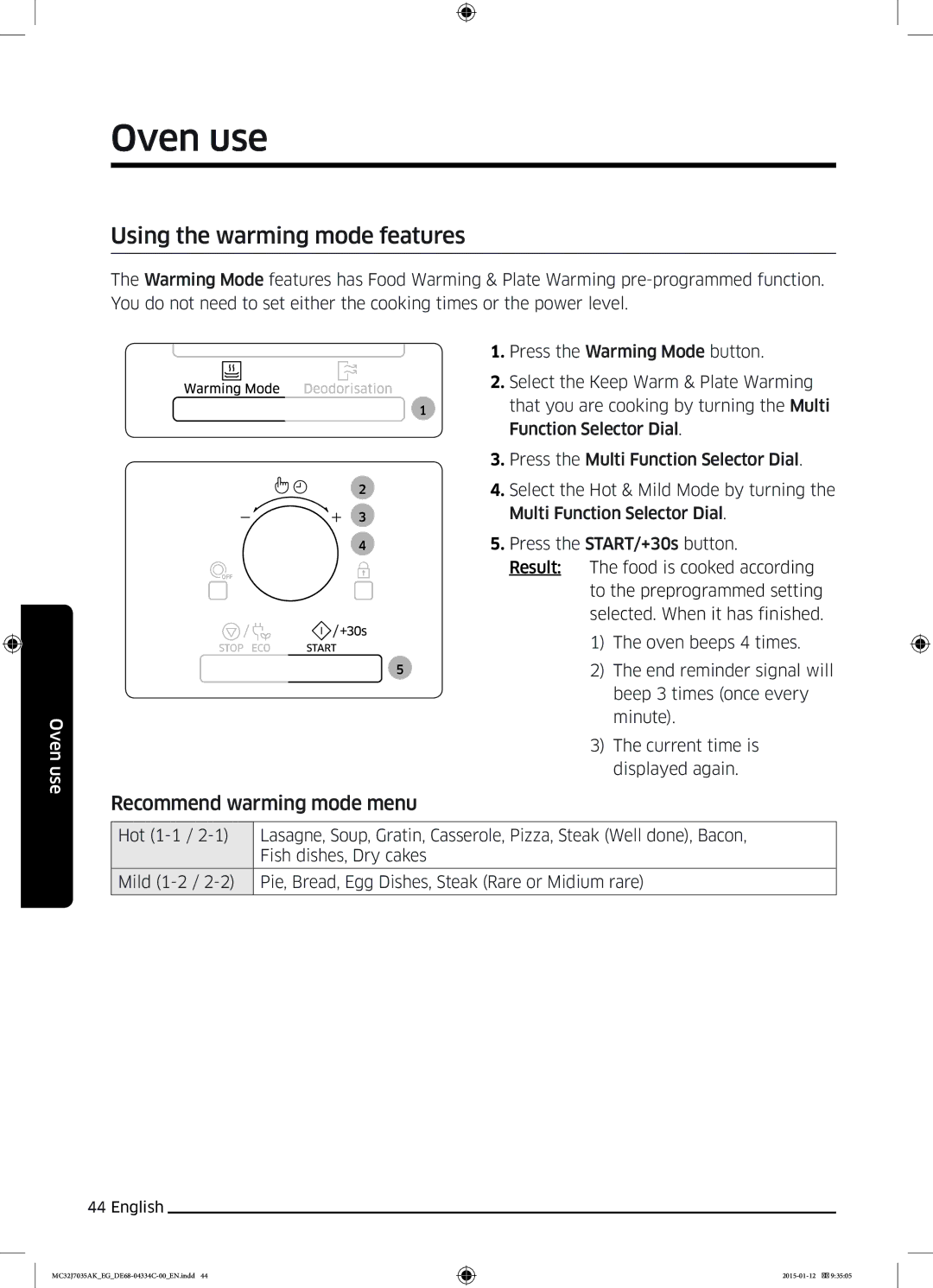 Samsung MC32J7035AS/EG manual Using the warming mode features, Recommend warming mode menu 