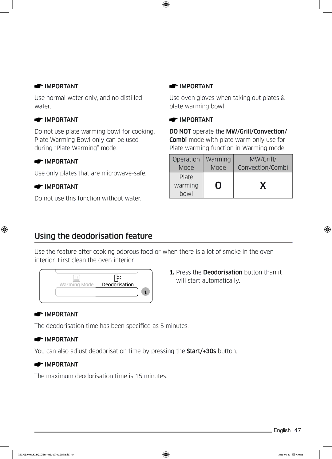 Samsung MC32J7035AS/EG manual Using the deodorisation feature 