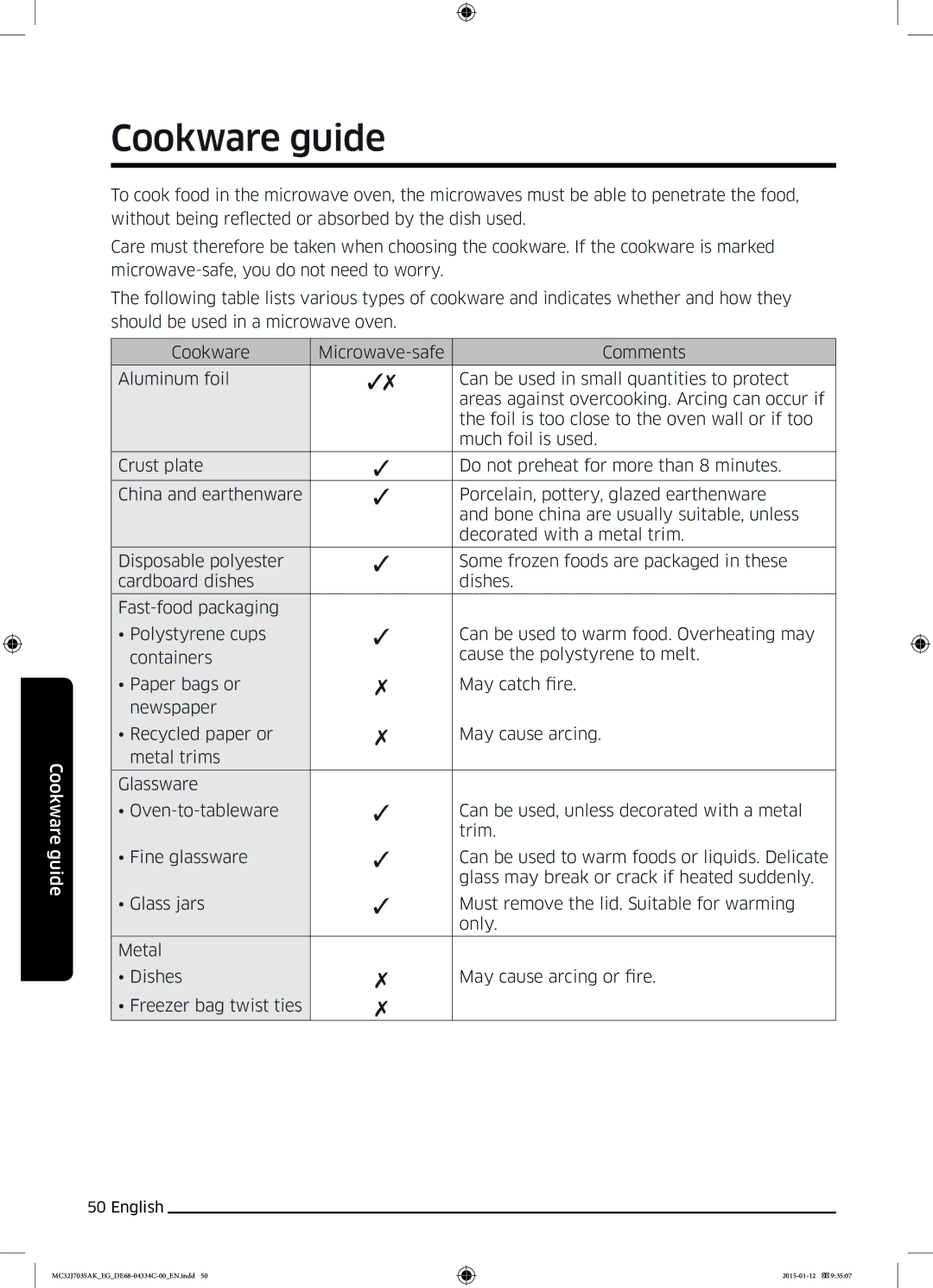 Samsung MC32J7035AS/EG manual Cookware guide 