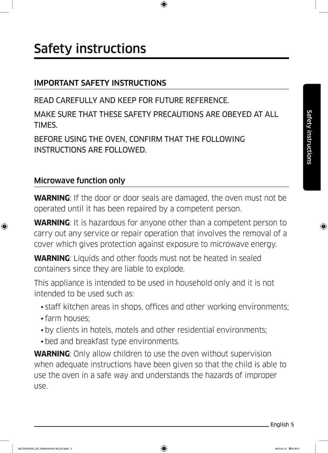 Samsung MC32J7035AS/EG manual Safety instructions 