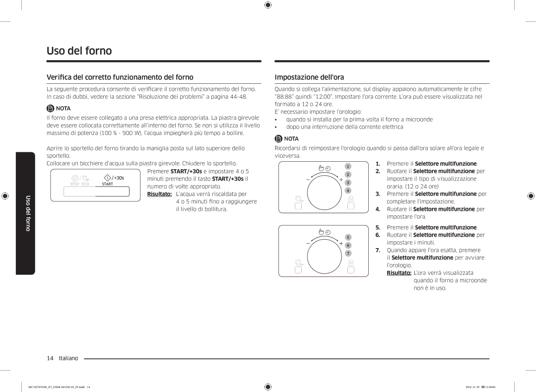 Samsung MC32J7035DK/ET manual Verifica del corretto funzionamento del forno, Impostazione dellora 