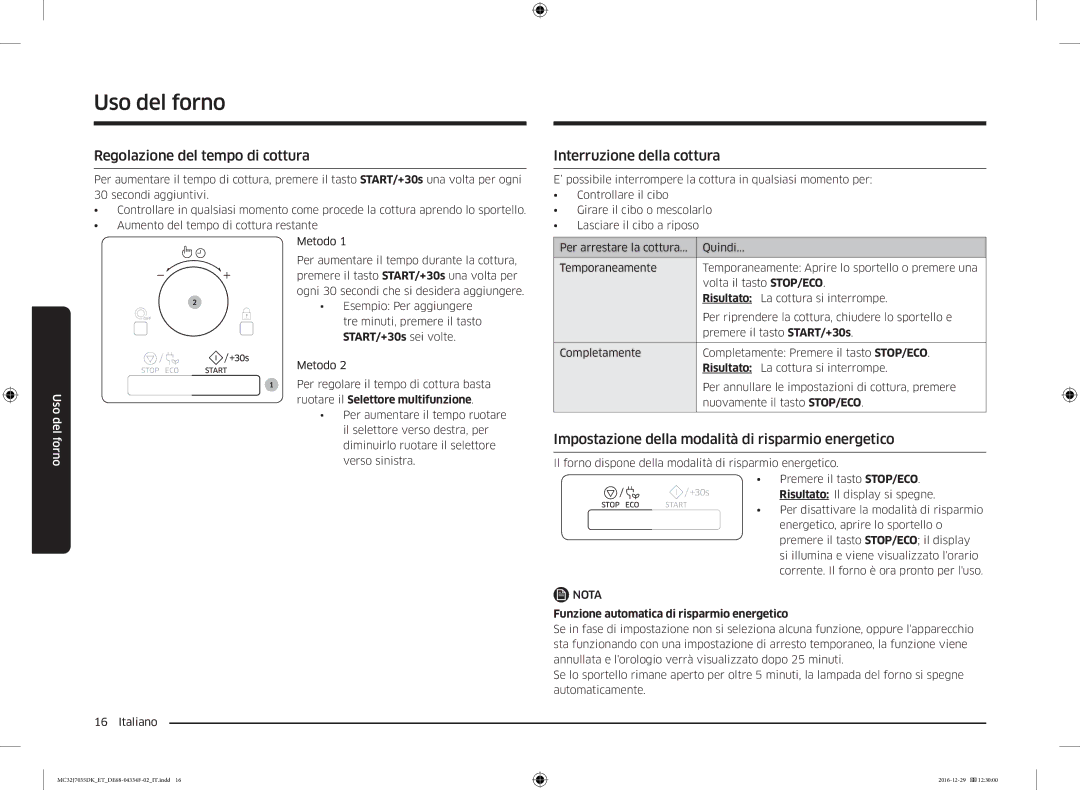 Samsung MC32J7035DK/ET manual Regolazione del tempo di cottura, Interruzione della cottura, START/+30s sei volte 