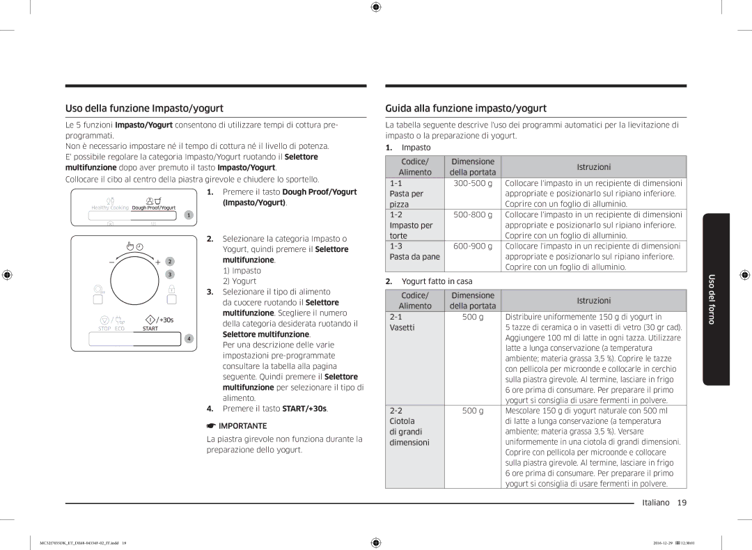 Samsung MC32J7035DK/ET manual Uso della funzione Impasto/yogurt, Guida alla funzione impasto/yogurt, 2multifunzione 