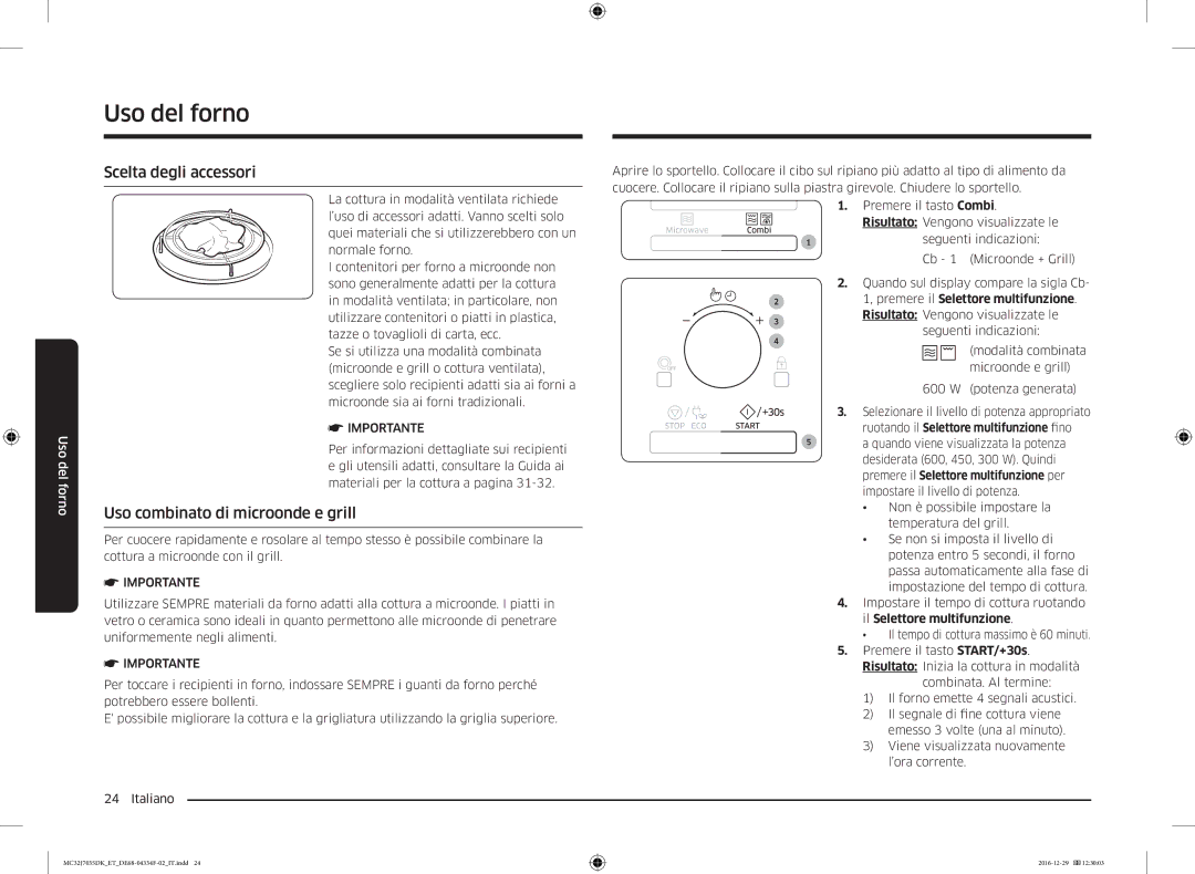 Samsung MC32J7035DK/ET manual Scelta degli accessori, Uso combinato di microonde e grill 