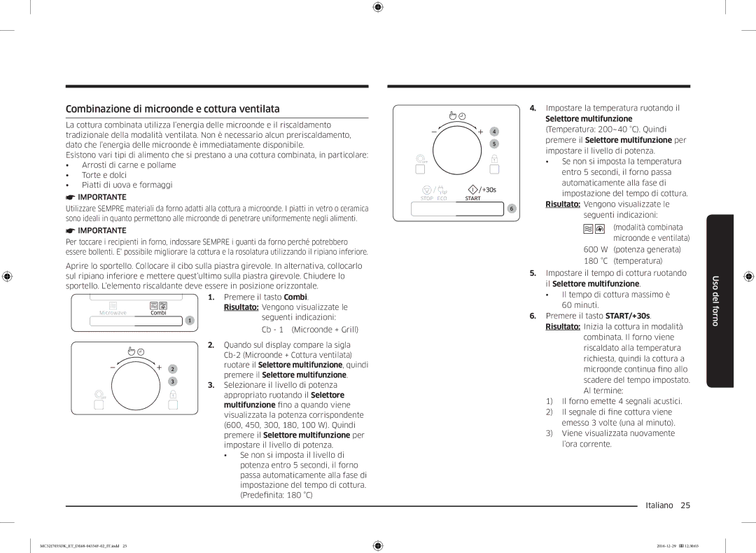 Samsung MC32J7035DK/ET manual Combinazione di microonde e cottura ventilata, Del 