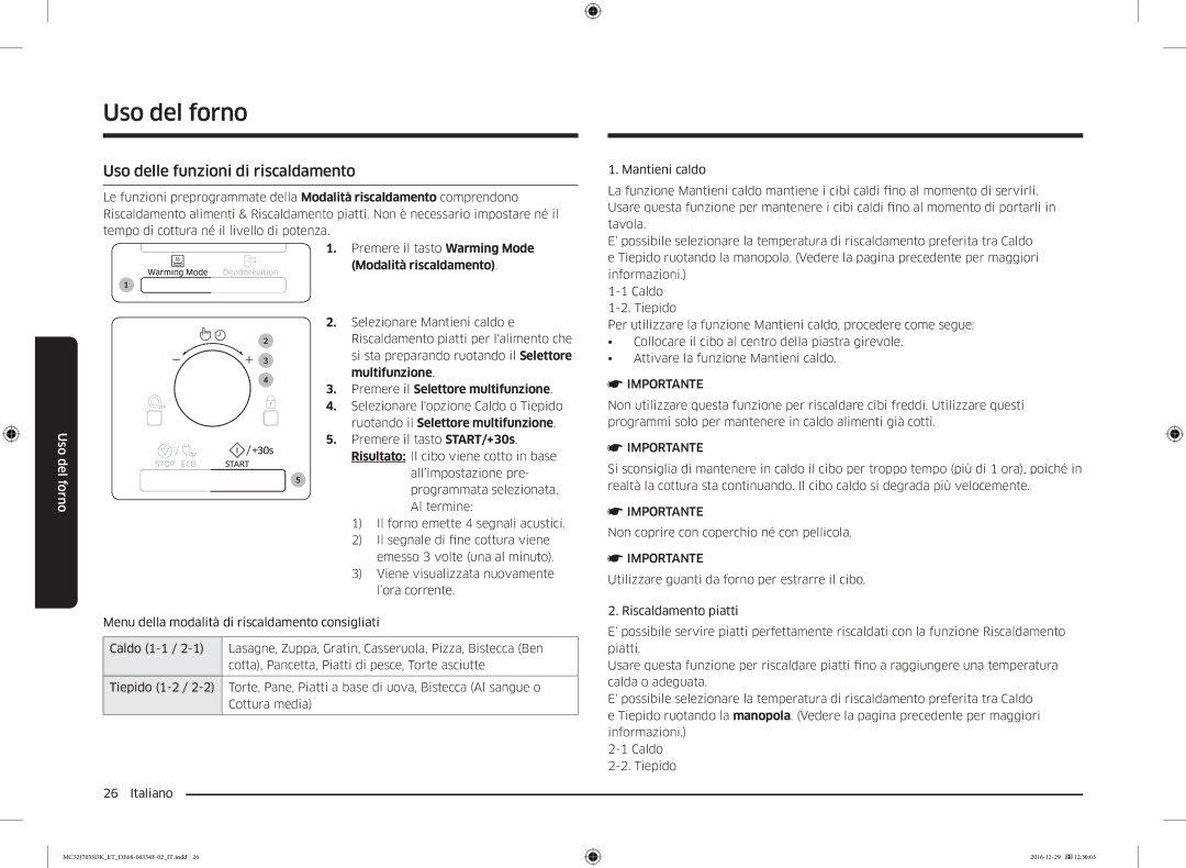 Samsung MC32J7035DK/ET manual Uso delle funzioni di riscaldamento, Premere il Selettore multifunzione 