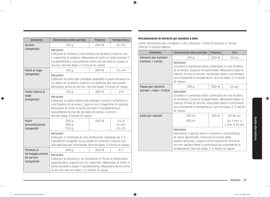 Samsung MC32J7035DK/ET manual Riscaldamento di alimenti per bambini e latte 