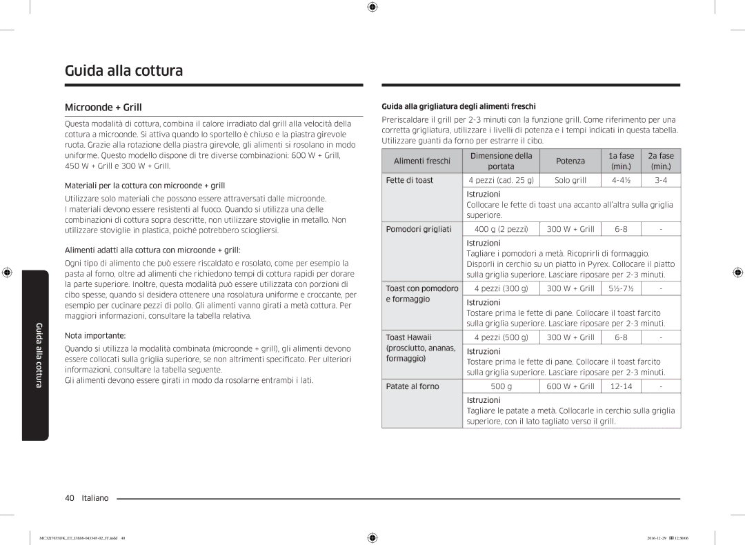 Samsung MC32J7035DK/ET manual Microonde + Grill, Guida alla grigliatura degli alimenti freschi 