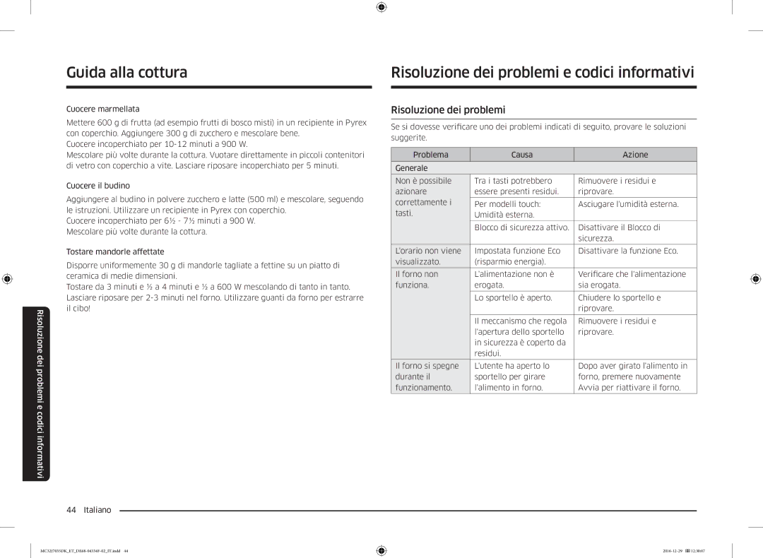 Samsung MC32J7035DK/ET manual Risoluzione dei problemi e codici informativi 