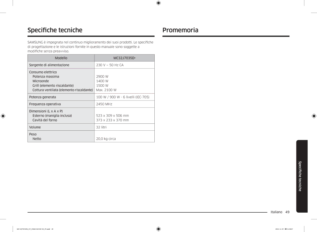 Samsung MC32J7035DK/ET manual Specifiche tecniche, Promemoria 