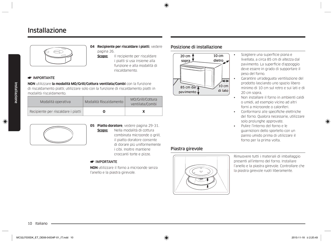 Samsung MC32J7035DK/ET manual Posizione di installazione, Piastra girevole, Recipiente per riscaldare i piatti, vedere 