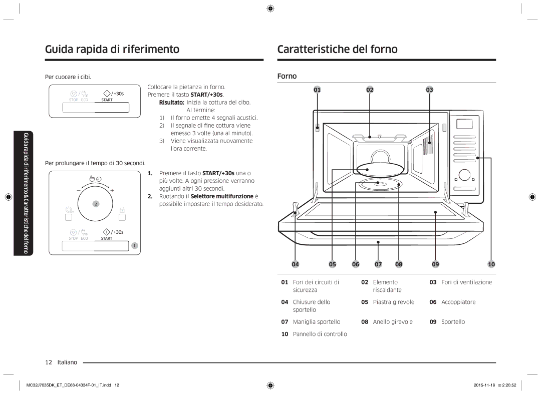 Samsung MC32J7035DK/ET manual Guida rapida di riferimento Caratteristiche del forno, Forno 