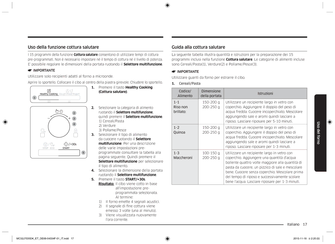 Samsung MC32J7035DK/ET manual Uso della funzione cottura salutare, Guida alla cottura salutare 