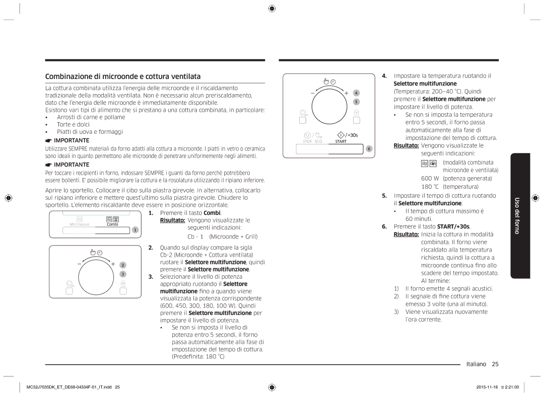 Samsung MC32J7035DK/ET manual Combinazione di microonde e cottura ventilata, Selettore multifunzione 