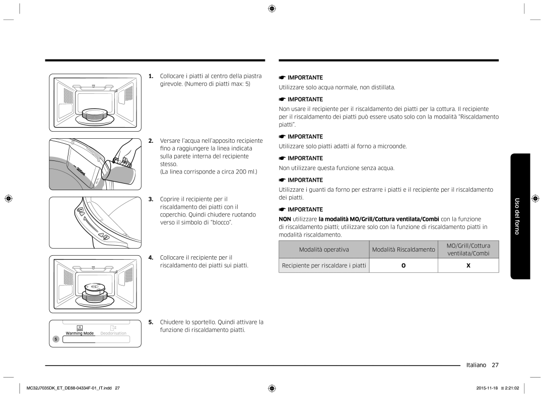 Samsung MC32J7035DK/ET manual Utilizzare solo acqua normale, non distillata 