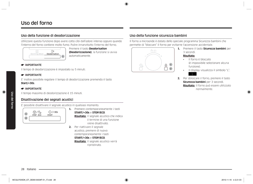 Samsung MC32J7035DK/ET Uso della funzione di deodorizzazione, Uso della funzione sicurezza bambini, START/+30s e STOP/ECO 