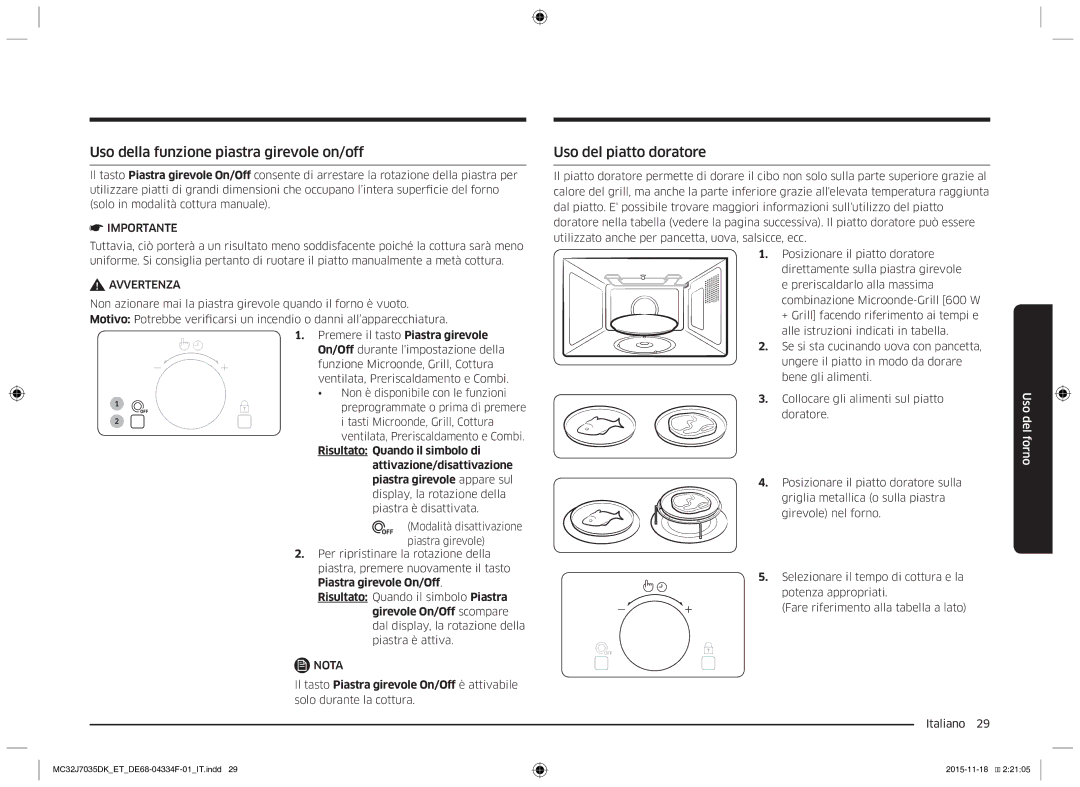 Samsung MC32J7035DK/ET manual Uso della funzione piastra girevole on/off, Uso del piatto doratore 