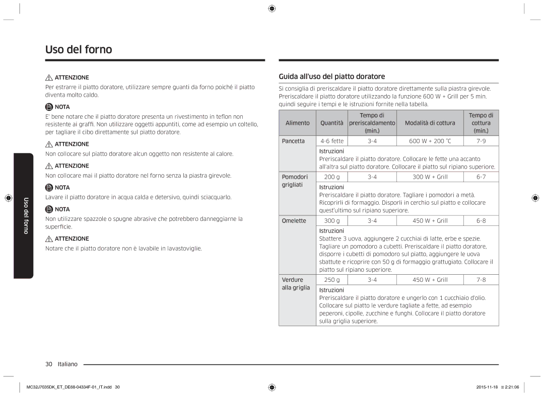 Samsung MC32J7035DK/ET manual Guida alluso del piatto doratore 