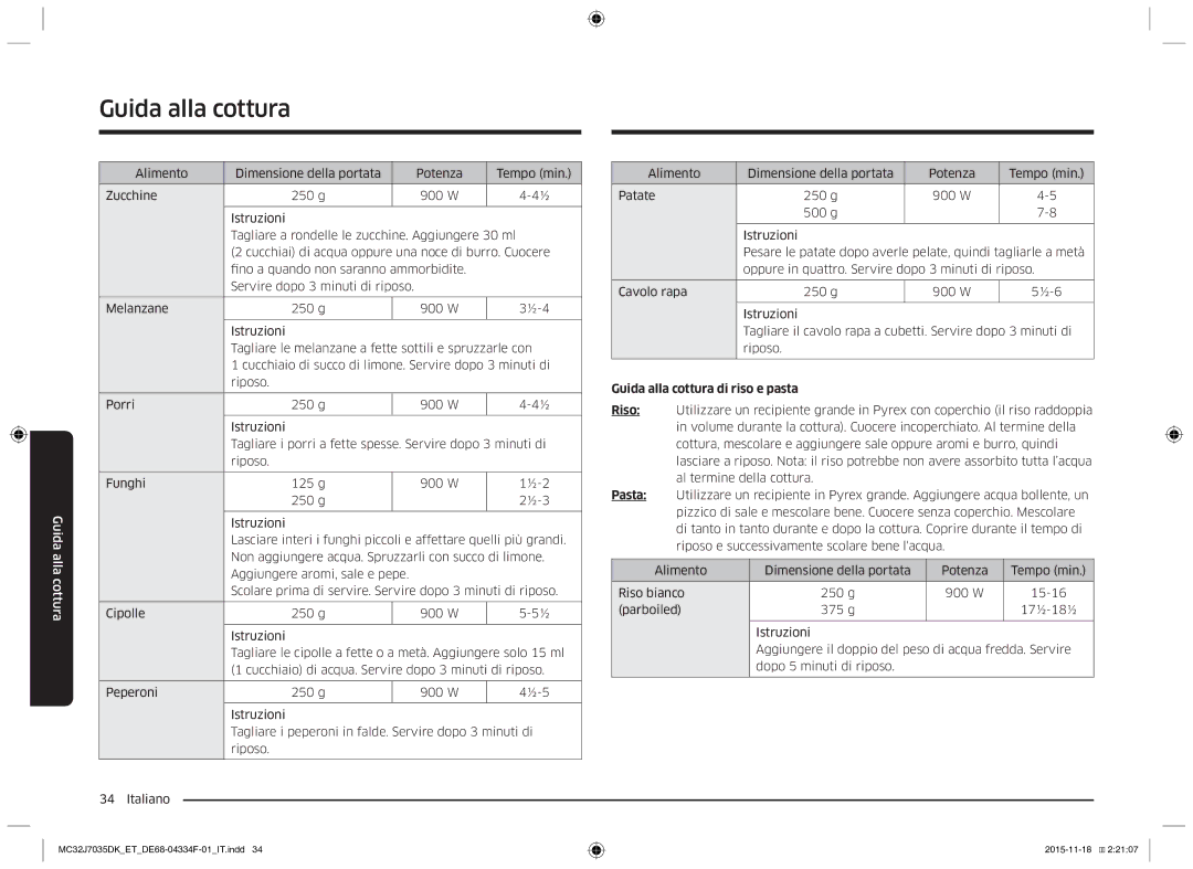Samsung MC32J7035DK/ET manual Guida alla cottura di riso e pasta 