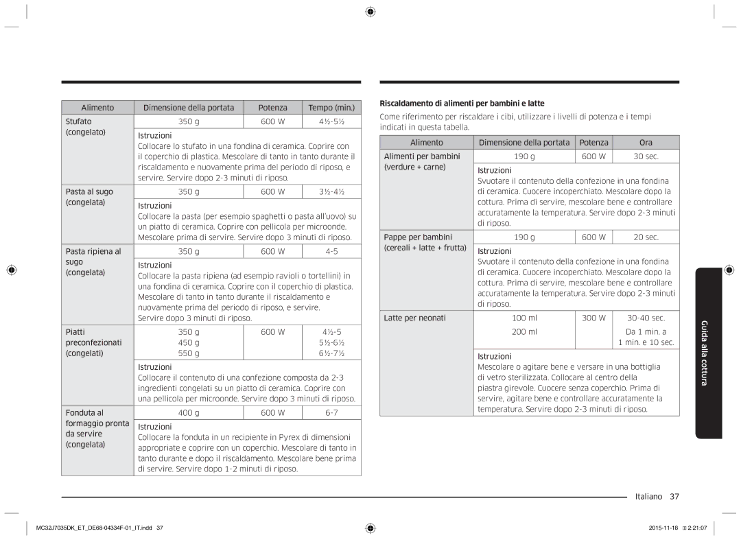 Samsung MC32J7035DK/ET manual Riscaldamento di alimenti per bambini e latte 