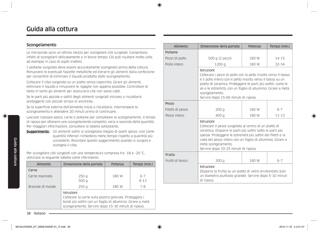 Samsung MC32J7035DK/ET manual Scongelamento 