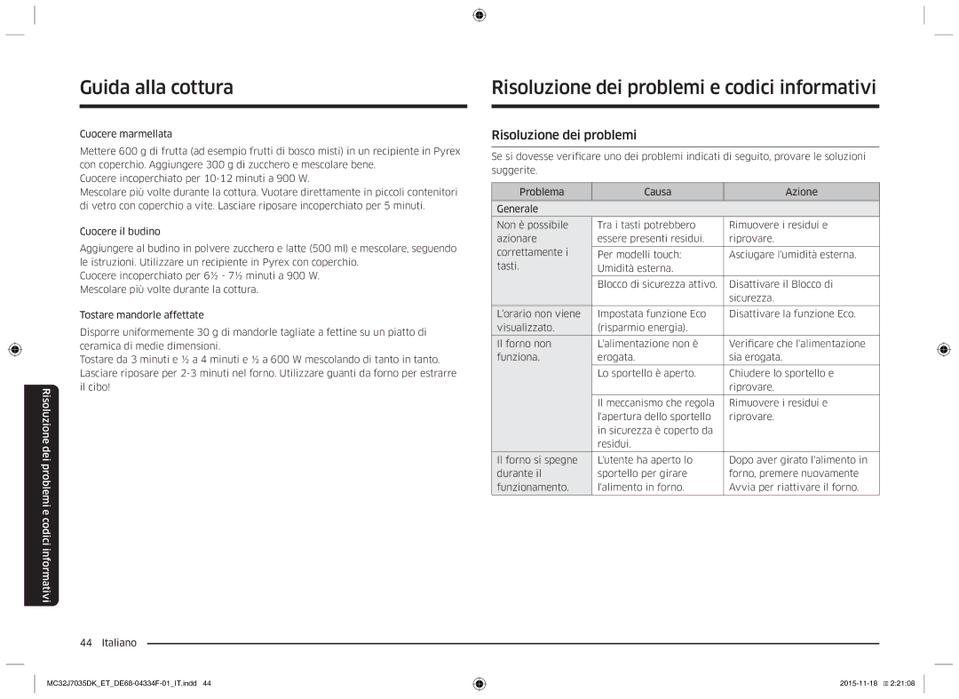 Samsung MC32J7035DK/ET manual Risoluzione dei problemi e codici informativi 