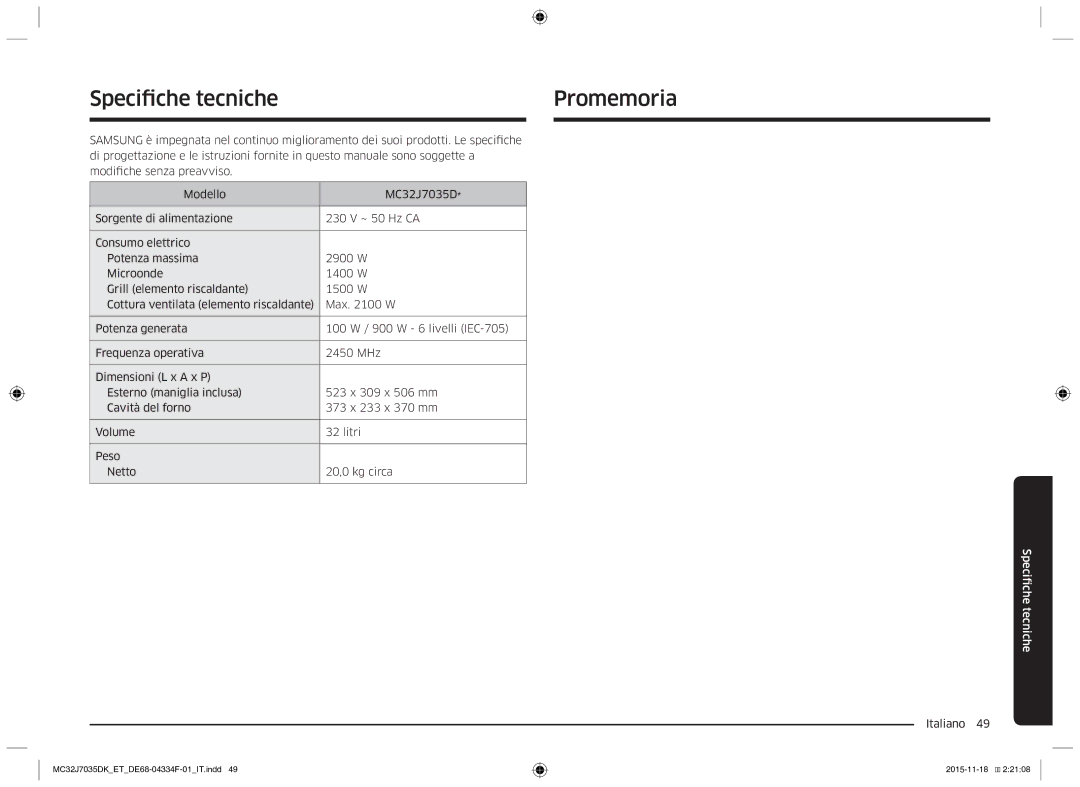 Samsung MC32J7035DK/ET manual Specifiche tecniche, Promemoria 