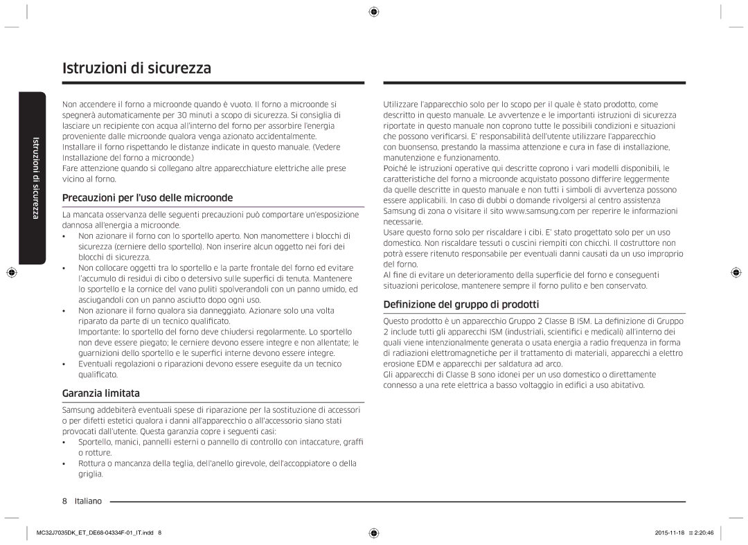 Samsung MC32J7035DK/ET manual Precauzioni per luso delle microonde, Garanzia limitata, Definizione del gruppo di prodotti 