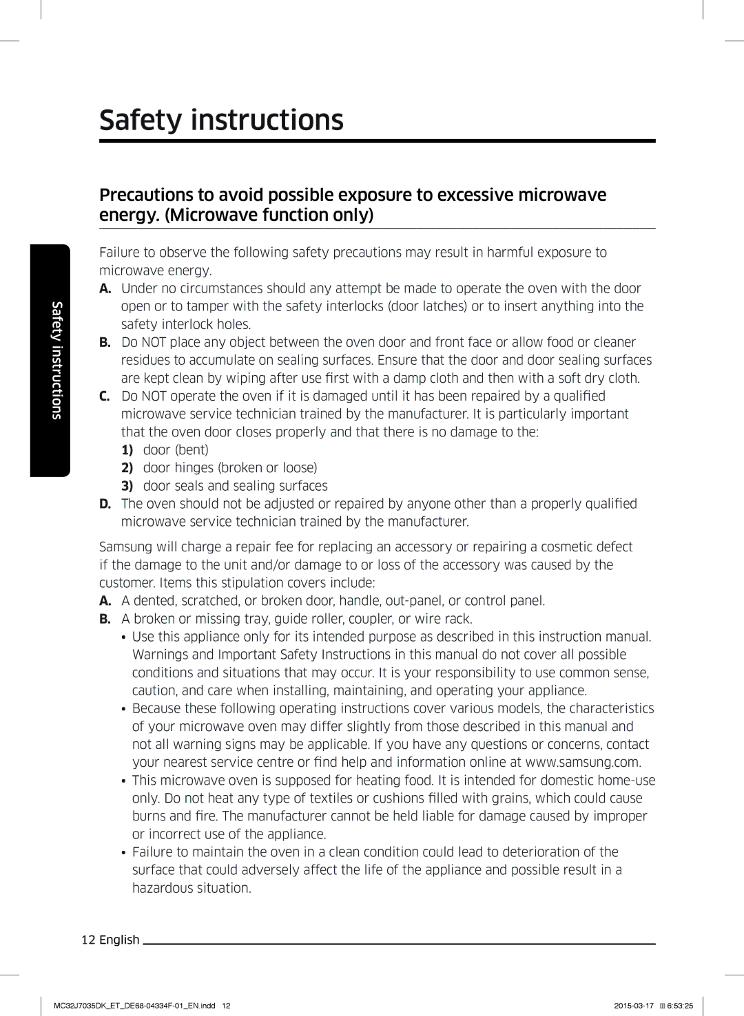 Samsung MC32J7035DK/ET manual Safety instructions 