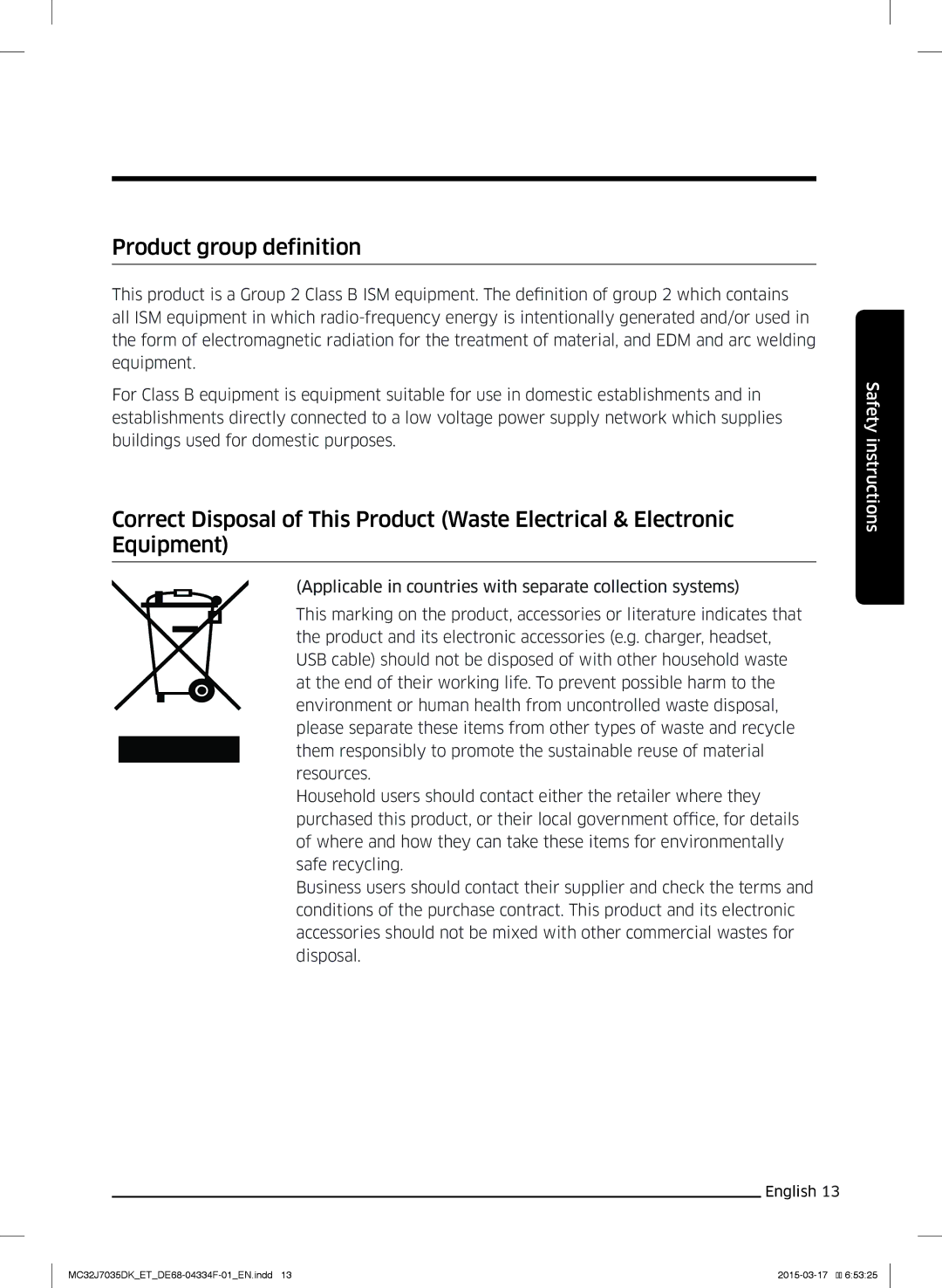 Samsung MC32J7035DK/ET manual Product group definition 