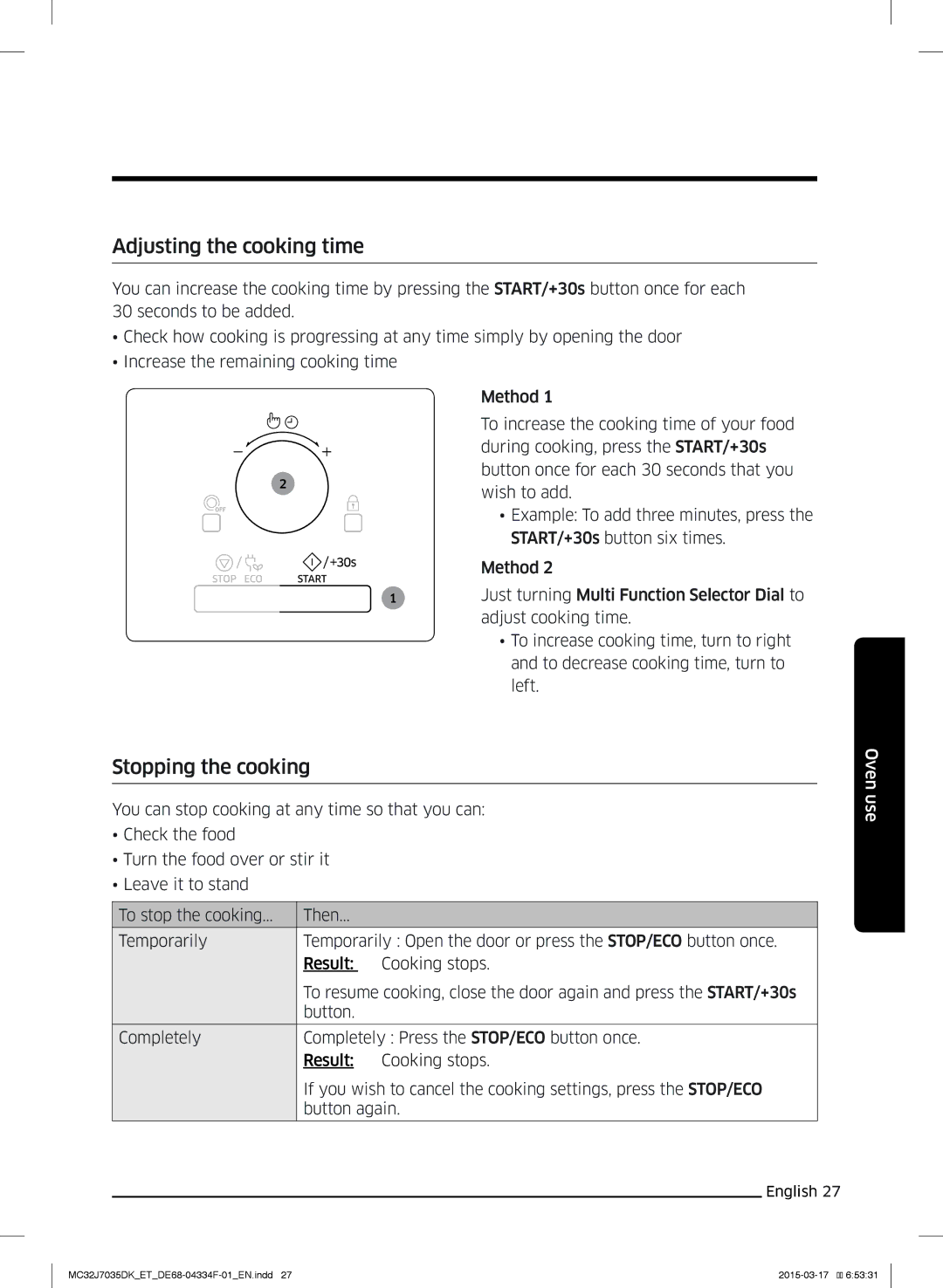 Samsung MC32J7035DK/ET manual Adjusting the cooking time, Stopping the cooking 