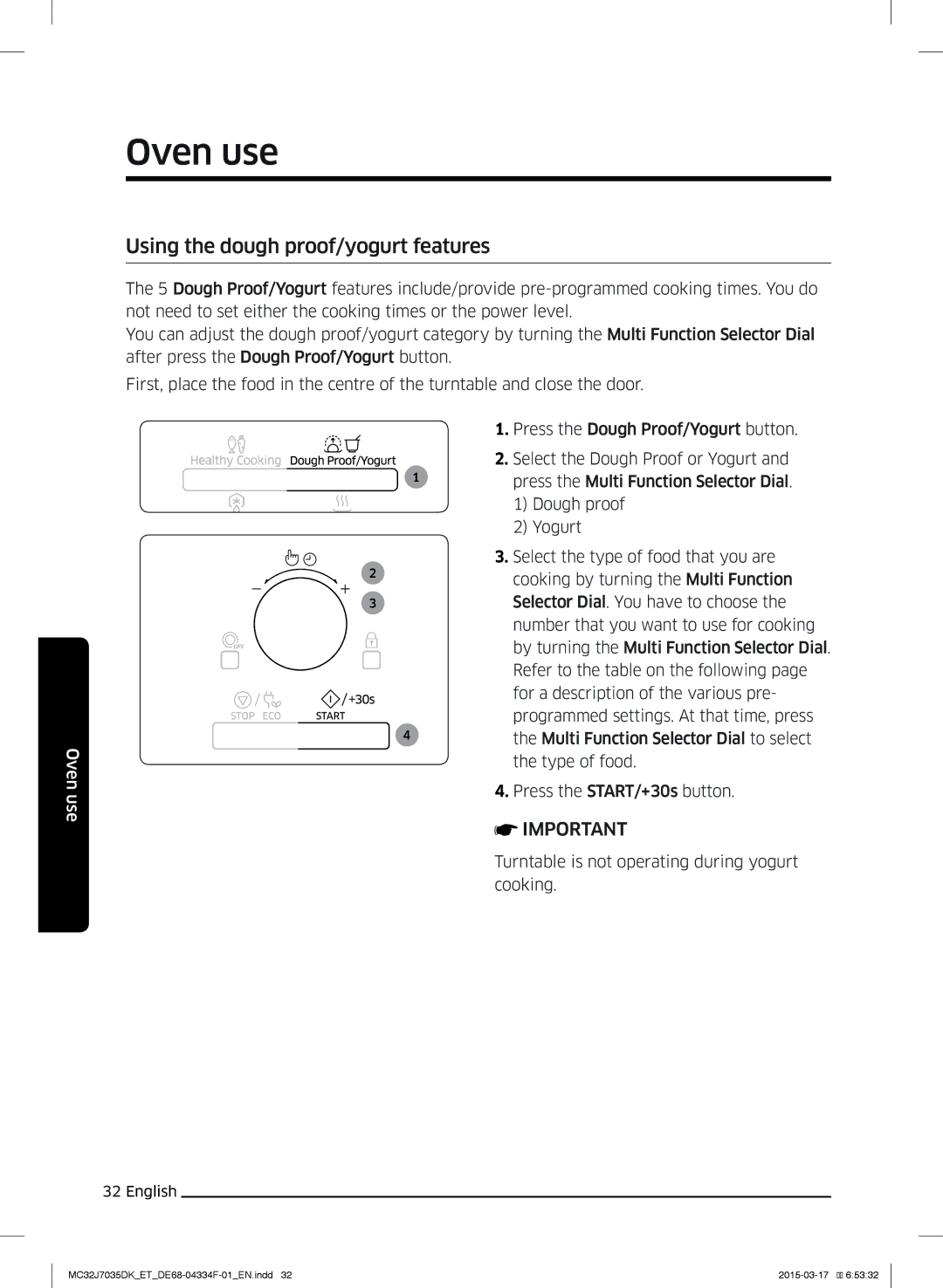 Samsung MC32J7035DK/ET manual Using the dough proof/yogurt features 