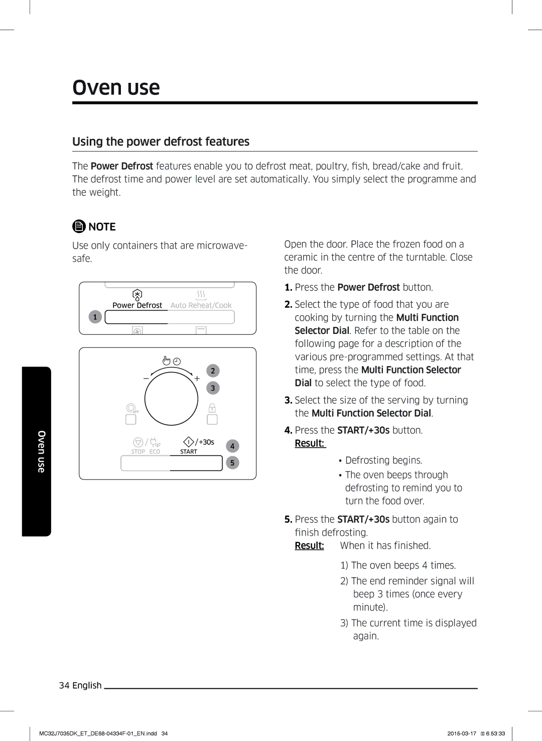 Samsung MC32J7035DK/ET manual Using the power defrost features 