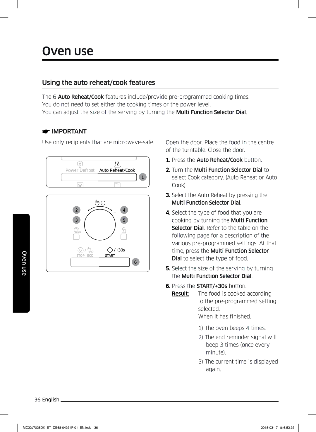 Samsung MC32J7035DK/ET manual Using the auto reheat/cook features 