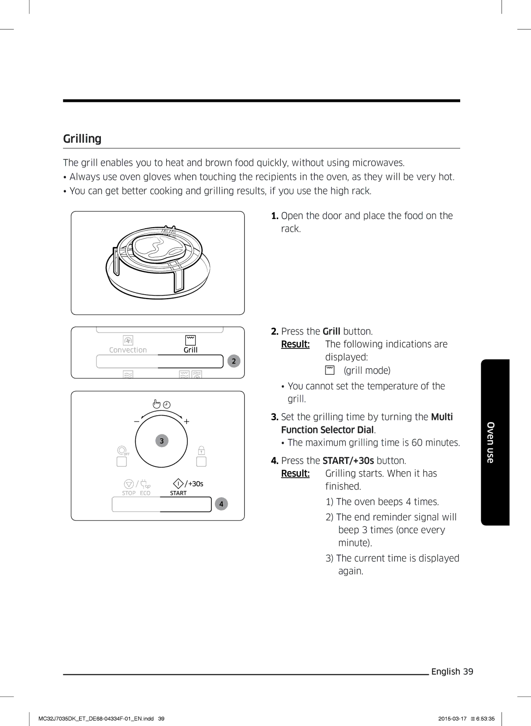 Samsung MC32J7035DK/ET manual Grilling, Use 