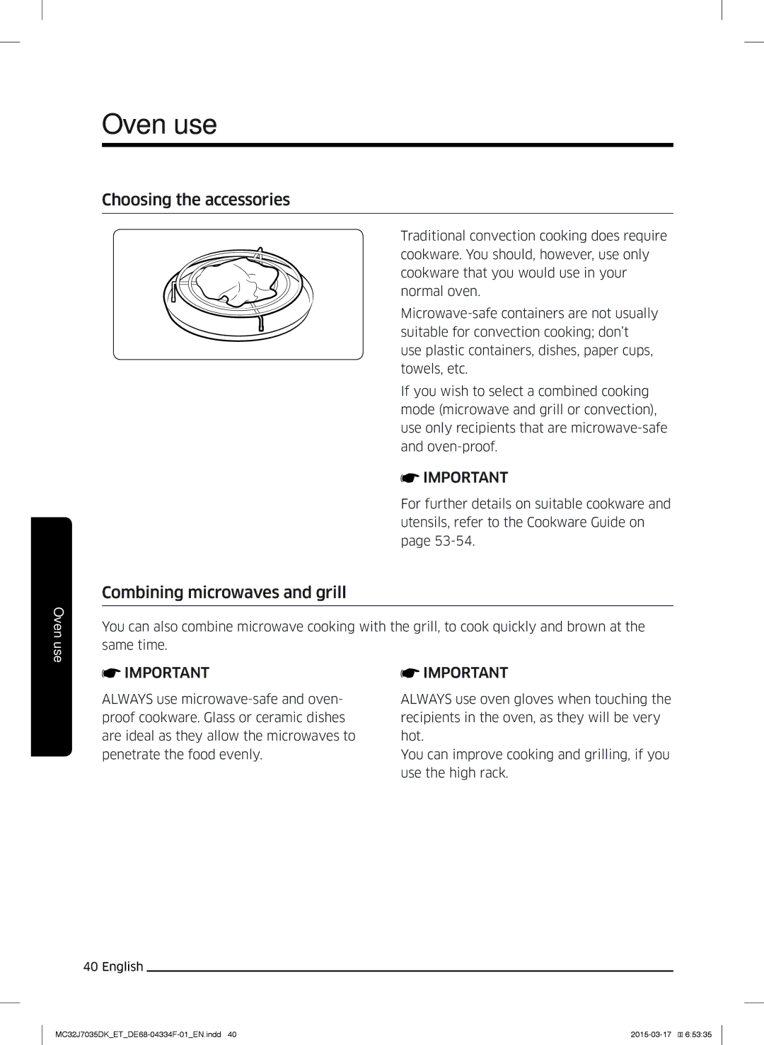 Samsung MC32J7035DK/ET manual Choosing the accessories, Combining microwaves and grill 