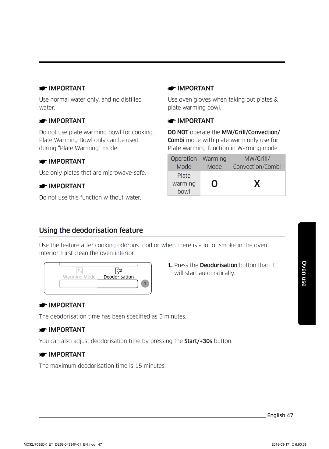 Samsung MC32J7035DK/ET manual Using the deodorisation feature 