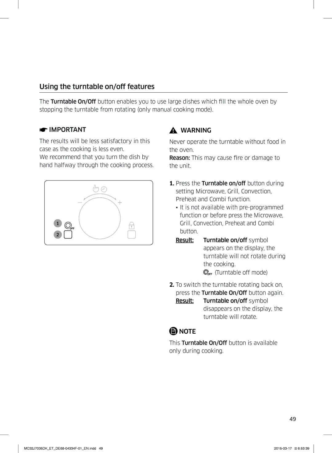 Samsung MC32J7035DK/ET manual Using the turntable on/off features 