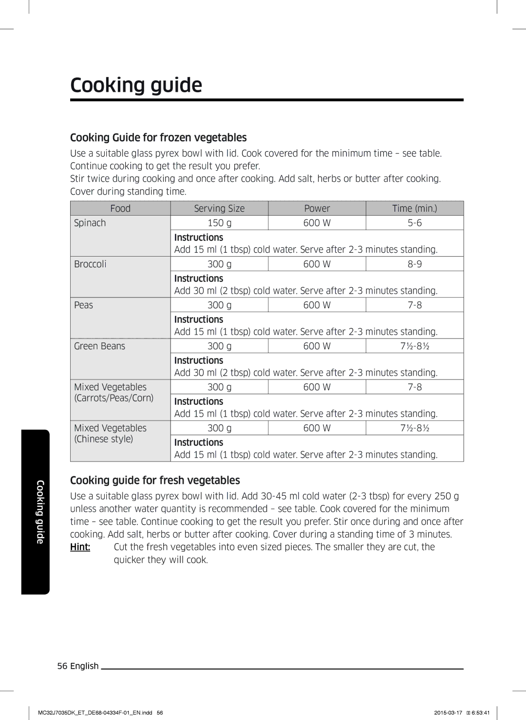 Samsung MC32J7035DK/ET manual Cooking Guide for frozen vegetables, Cooking guide for fresh vegetables 