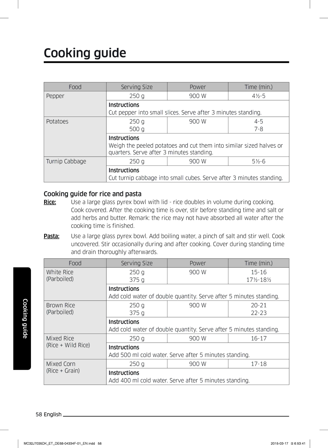 Samsung MC32J7035DK/ET manual Cooking guide for rice and pasta 