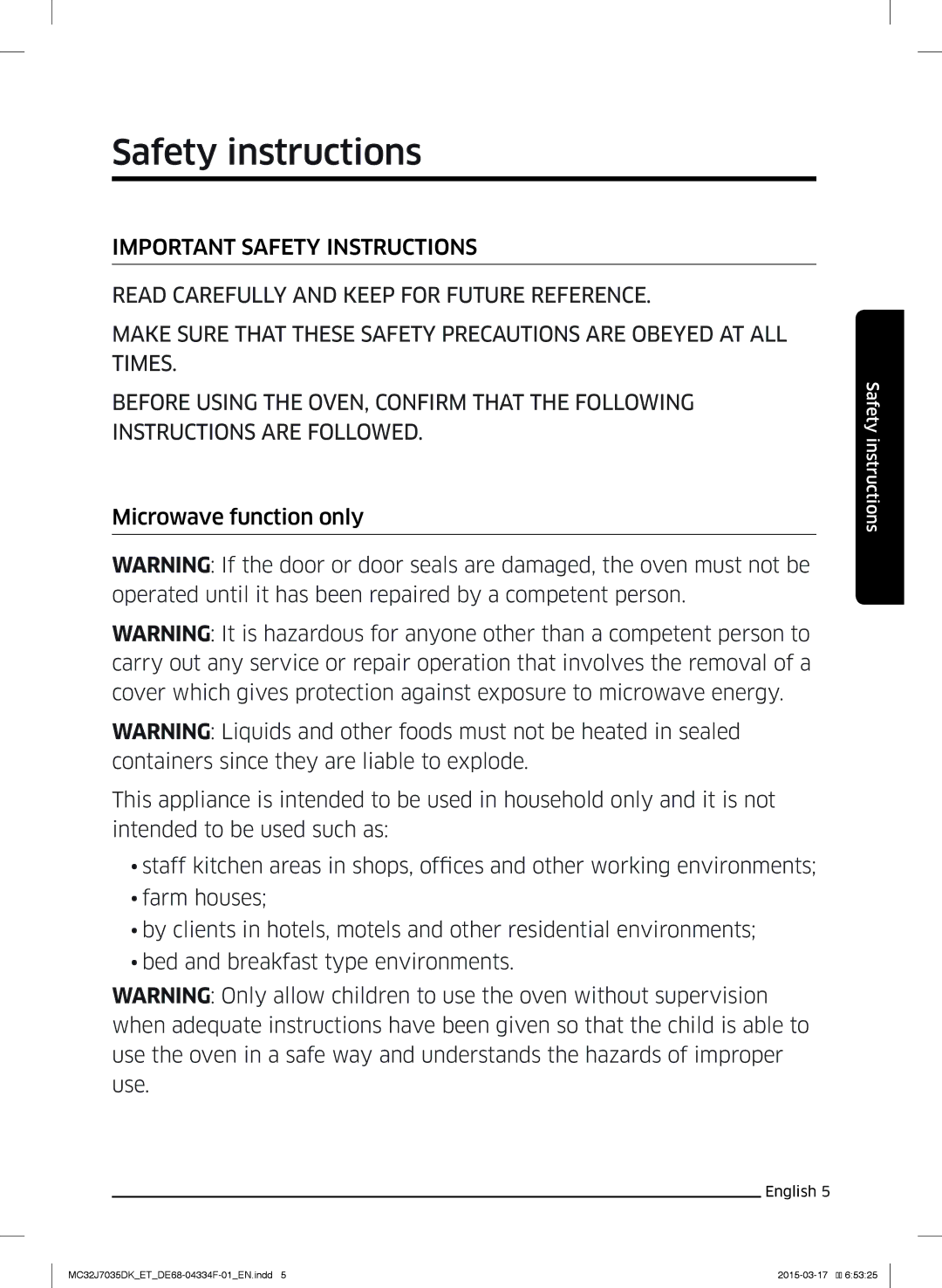 Samsung MC32J7035DK/ET manual Safety instructions 