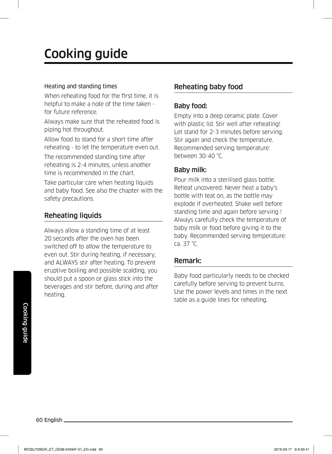 Samsung MC32J7035DK/ET manual Reheating liquids, Reheating baby food, Remark, Baby food, Baby milk 