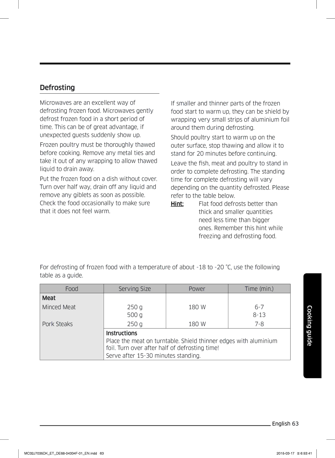 Samsung MC32J7035DK/ET manual Defrosting 